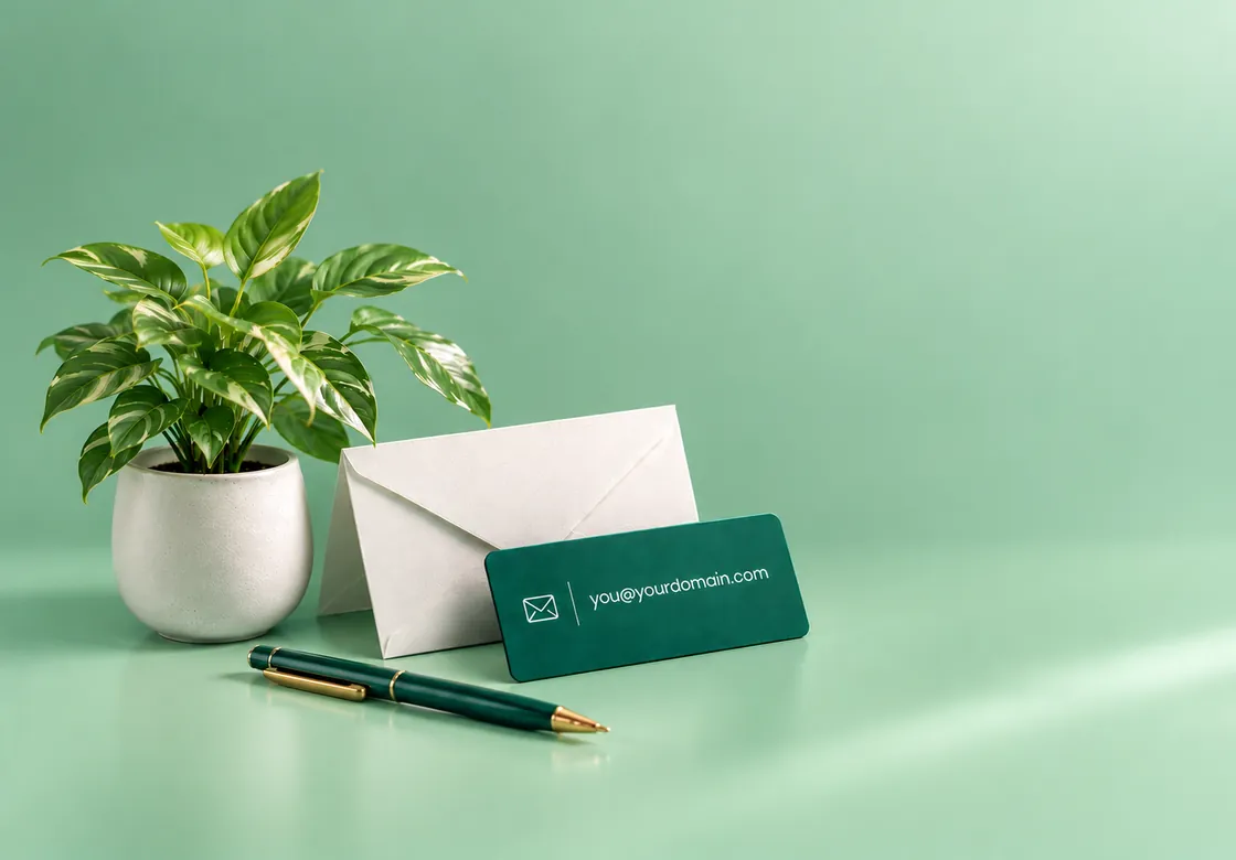 A business card reading you@yourdomain.com leaning on an envelope, beside a plant and a pen