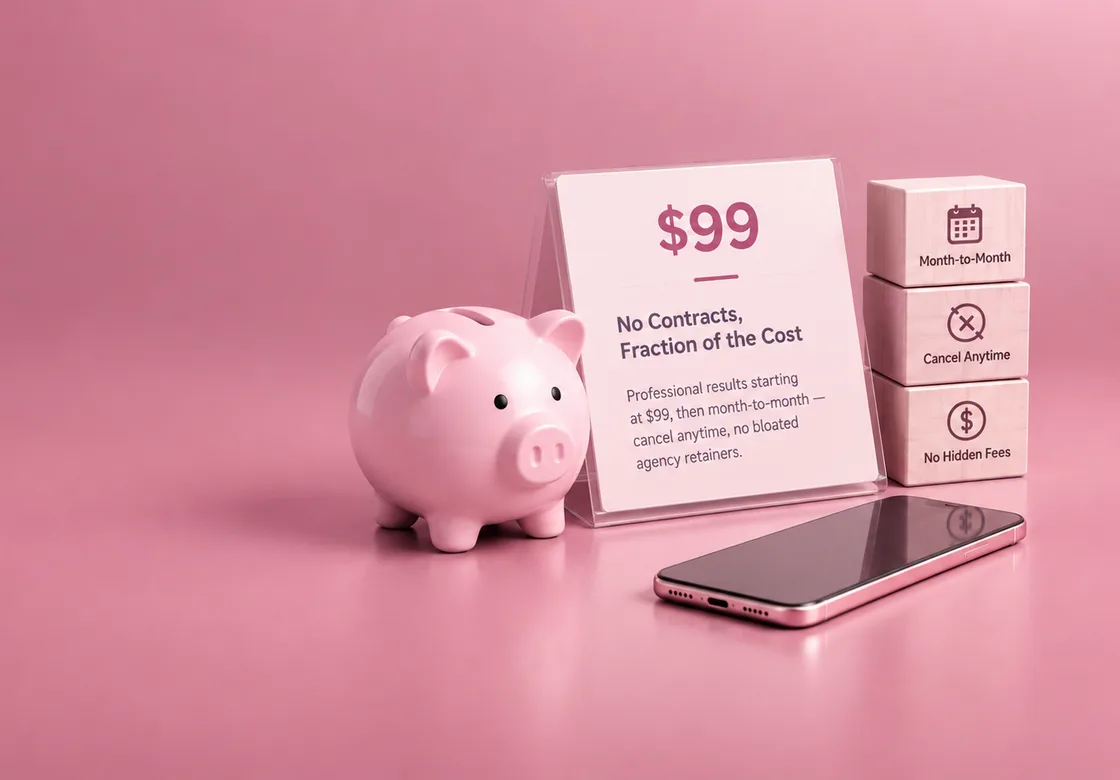 A piggy bank beside a card reading No Contracts, Fraction of the Cost, with blocks reading Month-to-Month, Cancel Anytime and No Hidden Fees, and a phone